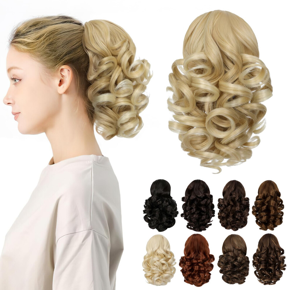 Cephermer Ponytail Extension 9"""" Claw Clip In Short Curly Wavy Pony Tails Hair Extensions Jaw Clip On Ponytail Hairpiece For Women Light Blonde Mix
