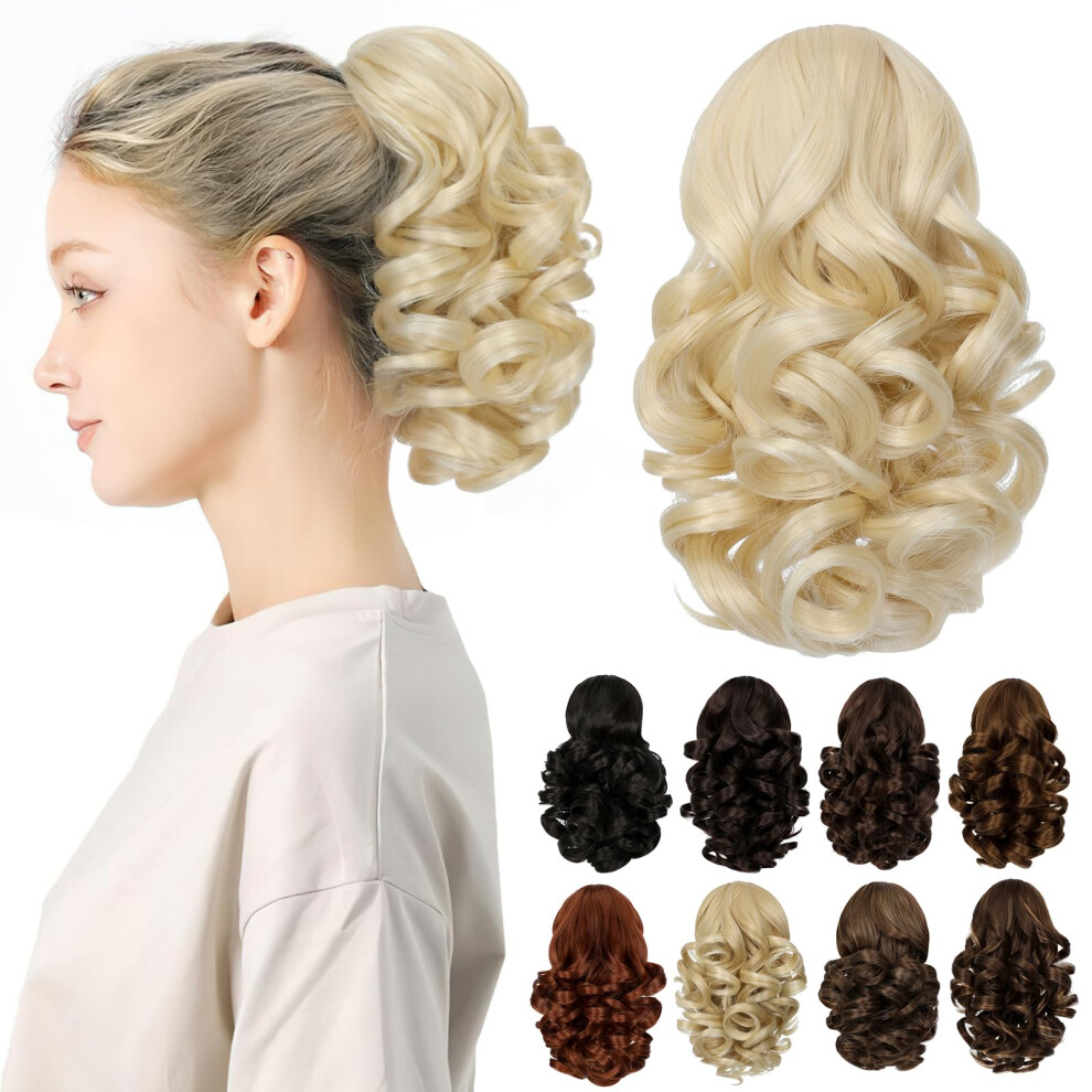 Cephermer Unisex Ponytail Extension 9"""" Claw Clip In Short Curly Wavy Pony Tails Hair Extensions Jaw Clip On Ponytail Hairpiece For Women Bleach Blonde