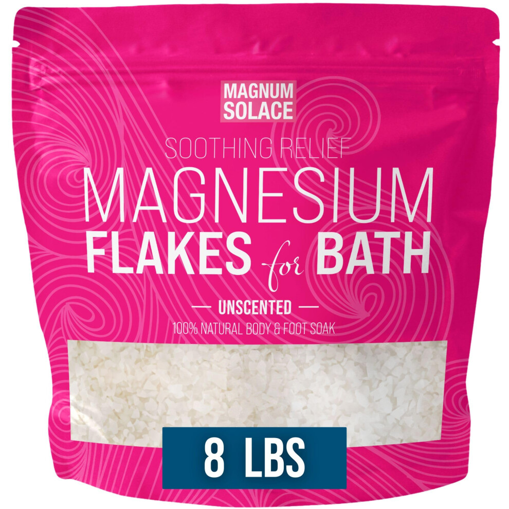 Magnum Solace Magnesium Flakes For Bath - Magnesium Chloride Flakes Organic Pure - Unscented 8 Lbs
