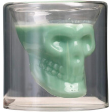 Copo de shot em formato de caveira de cristal transparente, feito de vidro borossilicato verde de alta qualidade que garante durabilidade e estilo em
