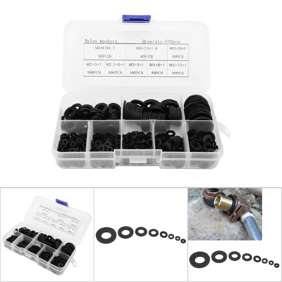 Nylon Washer Set 500Pcs M2-M10 Black Hardware Fasteners 9471362498537