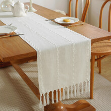 Chemin de table bohème pour salle à manger, mélange de lin style rustique chic avec pompons faits main, 34 cm 228 cm, décoration élégante