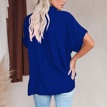 Damen Königsbluse Kurzarm mit Batwing-Ärmeln in Blau, Größe XL, lockere Passform, Kragen zum Umklappen