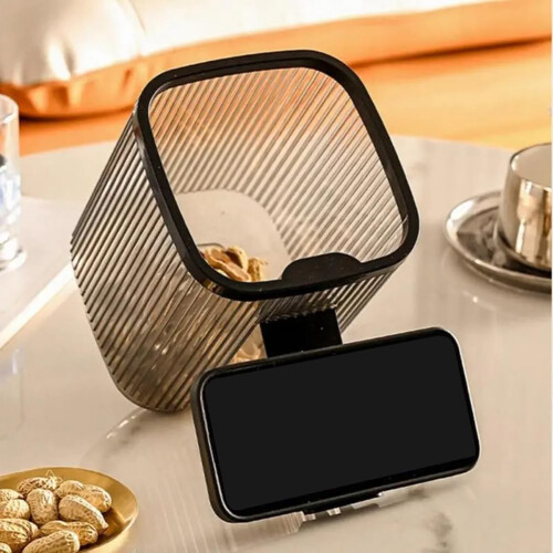 1 Piece Mini Desktop Small Trash Can Plastic with Mobile Phone Holder Wastebasket Garbage Bin,Black 1