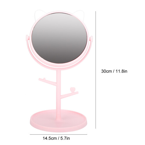 Cute Pink Desktop Mirror with Rotating Function & Cat Ear Makeup Tray
