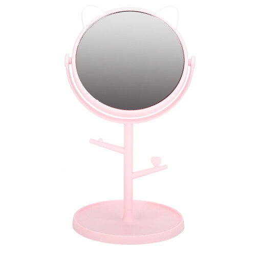 Cute Pink Desktop Mirror with Rotating Function & Cat Ear Makeup Tray 1