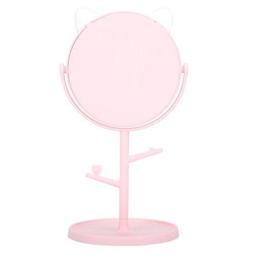 Cute Pink Desktop Mirror with Rotating Function & Cat Ear Makeup Tray 2