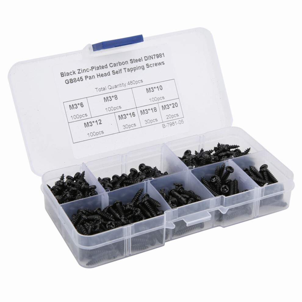 480Pcs M3 Black Nickel Carbon Steel Self Tapping Screws Pan Round Head 8481362541783