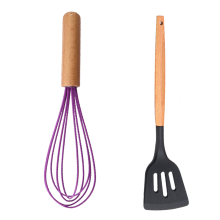 Schneebesen-Set mit Holzgriff, ballonförmig, aus Silikon, hitzebeständig, kratzfest, vielseitig einsetzbar und leicht zu reinigen, 2-teilig