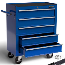 AREBOS 5-Drawer Tool Cabinet Garage Tool Chest with Wheels Workshop Tool Storage Lockable Blue