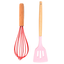 Mehrzweck-Silikon-Schneebesen mit Holzgriff, 2-teiliges, antihaftbeschichtetes Qualitätswerkzeug zum hitzebeständigen Mischen (Pink)