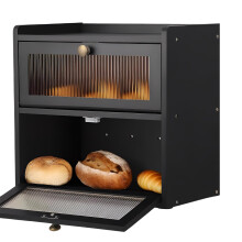 Double Layer Large Bread Box for Kitchen Counter, Wooden Corner Bread Storage Container with Acrylic Window, Black