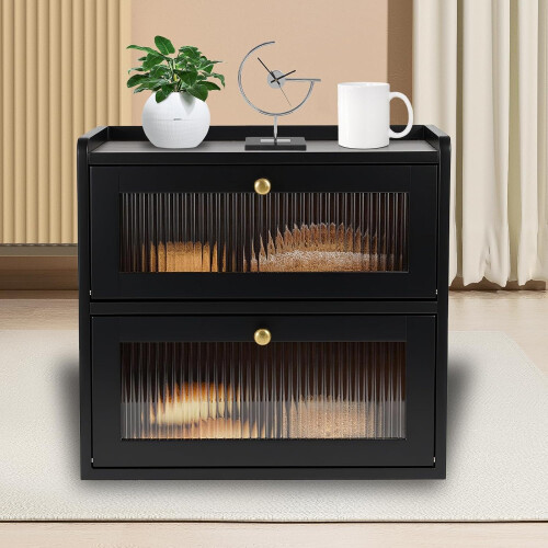 Double Layer Large Bread Box for Kitchen Counter, Wooden Corner Bread Storage Container with Acrylic Window, Black 2