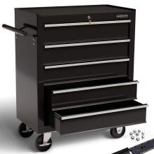 AREBOS 5-Drawer Tool Cabinet Garage Tool Chest with Wheels Workshop Tool Storage Lockable Black