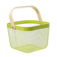 Wire Mesh Folding Harvest Basket With Wooden Handle For Fruits Vegetables Sturdy Steel Construction Anti-Wear Coating Breathable Storage Solution For