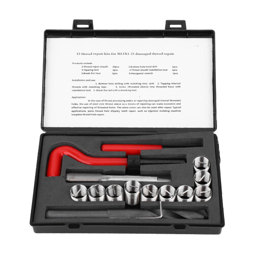 Efficient M14x1.25 Threaded Insert Kit with Drill & Wrench 15Pcs 1