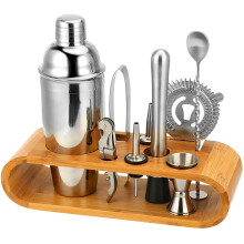 Cocktailshakerset, milieuvriendelijke bamboe standaard voor thuismixologie, professionele barset, complete 10-delige barset van roestvrij staal,