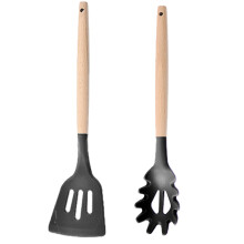 Colheres de cozinha ergonômicas com cabo de madeira, utensílios de silicone para cozinhar, livres de BPA, antiaderentes e resistentes a arranhões,
