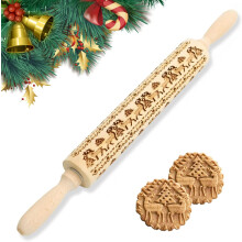 Teigrolle mit tiefgraviertem Elch- und Hirschmotiv, aus Buchenholz, 43 cm lang, strukturierte Oberfläche für Ton, ideales Geschenk, Gewicht ca. 0,6