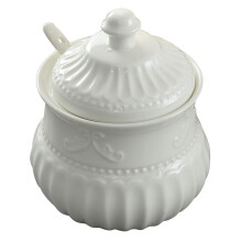 Porcelain Sugar Bowl with Knobbed Lid, French Country Cottage Style with Embossed Motif (Sugar)
