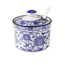 Ceramic Blue and White Porcelain Sugar Bowl Spice Jar with Lid and Spoon Seasoning Box Condiment Pots White Sugar Dispenser 8 Ounces