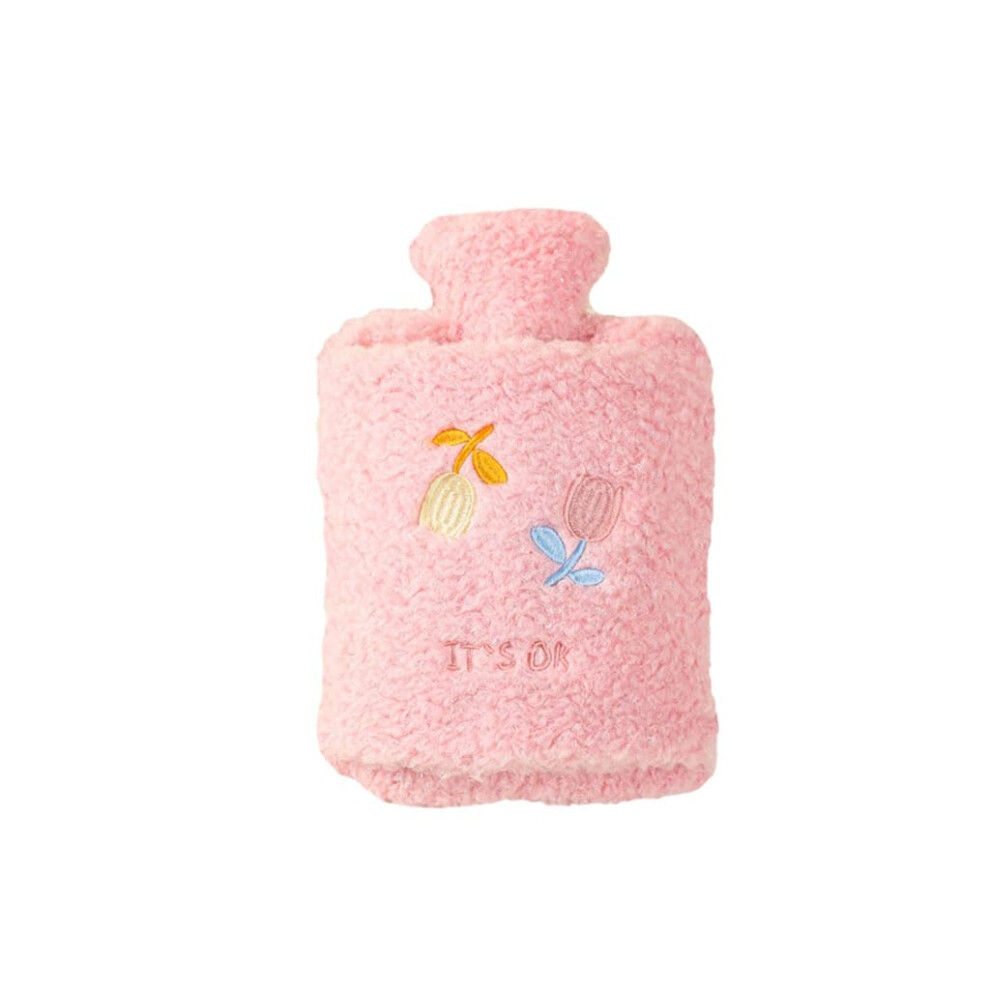 Large hot water bottle with hands pocket hot compress bed hot water bag cute plush warm water bottle for keeping warm 1000ml Pink