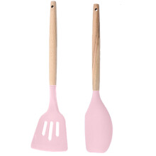Ustensile de bucătărie din silicon cu design elegant, capete flexibile din silicon, ustensile de gătit antiaderente cu mânere din lemn pentru