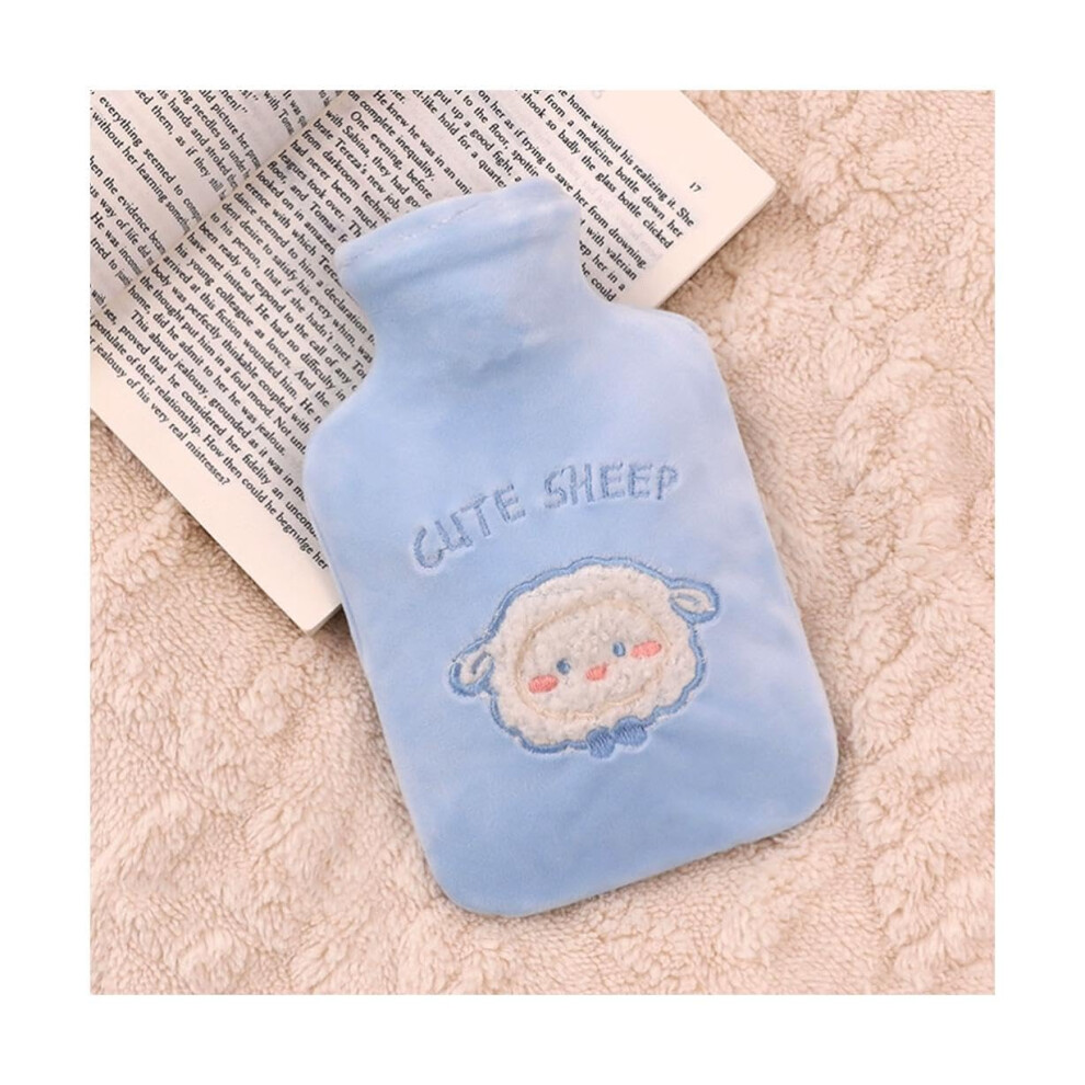 Cute Plush hot Water Bottle for hot compresses Small Portable hot Water Bag Water-Filled Hand Warmer Bag with Cover 350ml Blue