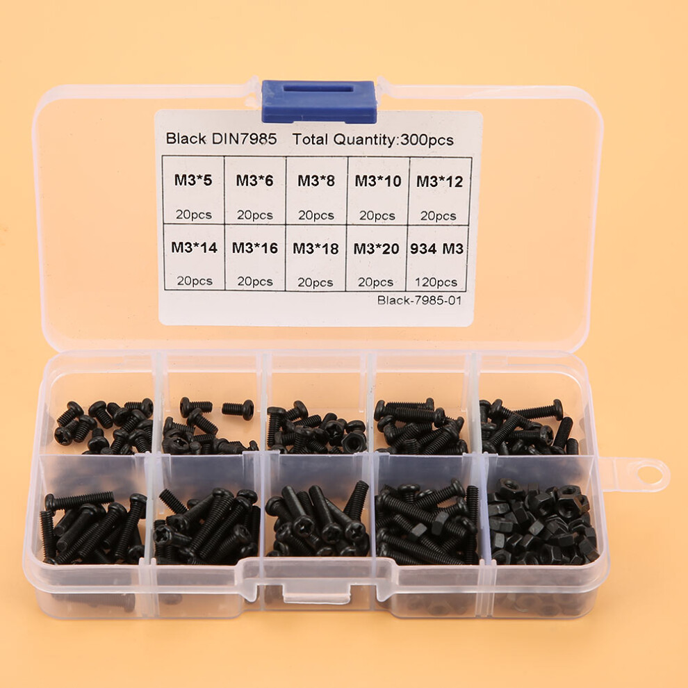 300Pcs Assortment M3 Black Carbon Steel Screw Bolt Nut Set For Repair 9331362601057