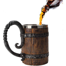 Cadou de mitologie nordică pentru decorarea barului, butoi viking din oțel inoxidabil cu design creativ din lemn, menține temperatura băuturii