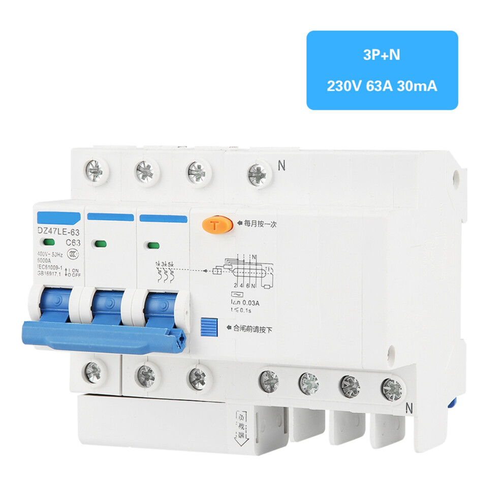 Dz47le-63 3P N C63 Rccb 63A 30Ma Residual Current Circuit Breaker 5051362611330