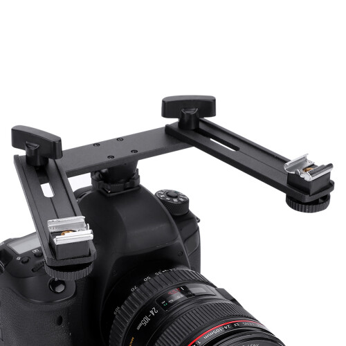 Aluminum Alloy Double Hotshoe Flashlight Bracket Stand for Camera Black