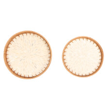Dekoratives Serviertablett aus Rattan mit Perlmuttintarsien, umweltfreundlich, handgefertigt im Boho-Stil, gewebtes Tablett für den Couchtisch,