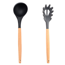 Küchenutensilien, hitzebeständiges Silikon-Spaghettilöffel-Set mit antihaftbeschichtetem Pastalöffel, Holzgriff mit flexiblem und dennoch