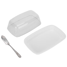 Kjøleskapskompatibel smørbeholder Elegant emaljert finish Lekkasjesikker konstruksjon med løftegrep Integrert skjæreinstrument Multifunksjonssett
