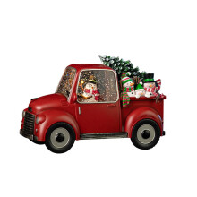 Christmas Musical Snow Globe with Red Vintage Truck, Snowmen and Tree Decoration