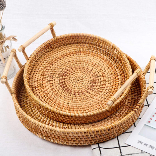 Δίσκος σερβιρίσματος από φυσικό rattan, χειροποίητος δίσκος rattan με λαβές, 1