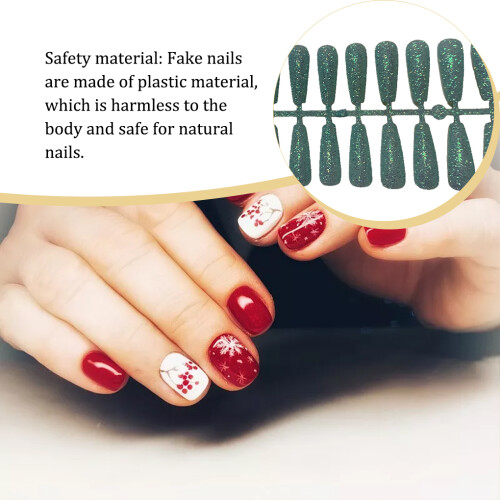 (blue) 24 Pieces False Nails Shimmering Powder Artificial Nail Tips Coffin 2