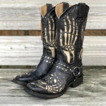 (Black, US13=UK10=EU47) Mens Embroidered Cowboy Boots Western Shoes Skull Pattern Square Head Casual