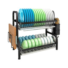 2 Tier Dish Drying Rack for Compact Spaces, Multifunction Rust Resistant Carbon Steel Kitchen Organizer Automatic Drainage System (Black)