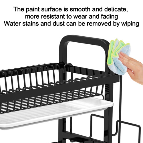 2 Tier Dish Drying Rack for Compact Spaces, Multifunction Rust Resistant Carbon Steel Kitchen Organizer Automatic Drainage System (Black) 2