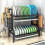 2 Tier Dish Drying Rack for Compact Spaces, Multifunction Rust Resistant Carbon Steel Kitchen Organizer Automatic Drainage System (Black) 8