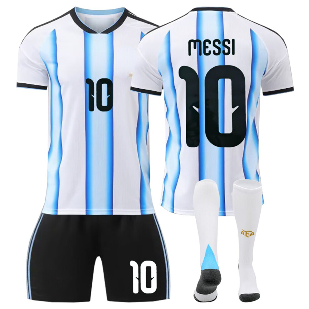 (24(130-140CM)) White AFA Sport Socks Get Free Print #10 MESSI White & Blue Stripe T-shirt & Black Shorts