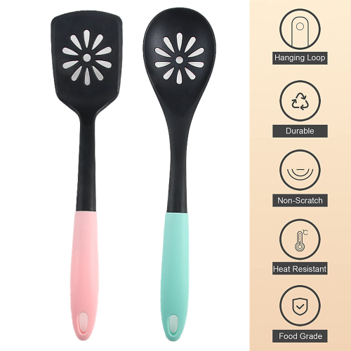 Conjunto de 2 peças: colher e espátula sólidas com cabo confortável, resistentes ao calor e ideais para panelas antiaderentes (flexíveis e 2