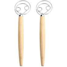 2er-Pack Teigkneter aus Edelstahl, ergonomischer dänischer Teigbesen mit Holzgriff, ideal für Sauerteig, Brot und Gebäck, 33 cm lang, leicht zu