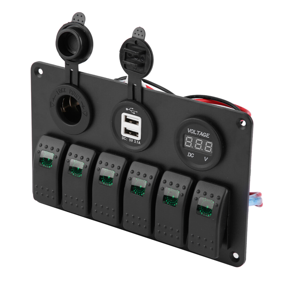 12V/24V 6-Gang Rocker Switch Panel With Dual Usb & Voltmeter, Waterproof, Green 9441362684346