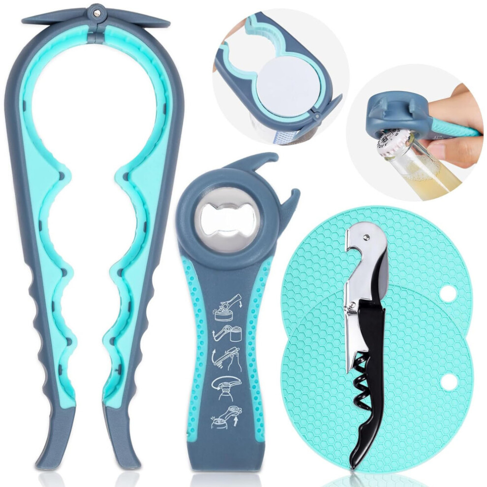 Ergonomic Design Jar Opener for Seniors, Bottle Opener with Corkscrew Opener, Rubber Jar Opener Gripper Pad for Arthritis Sufferers, Multi-functional