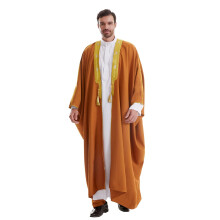 Men's Muslim Print Kaftan Islamic Royalty Dubai Robe O-Neck Long Sleeve Retro Tunics Abaya Loose Kandoura Long Sleeve Islamic Muslim Dress khaki L