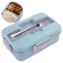 Bento-Lunchbox, umweltfreundlich, 3 Fächer, aus Weizenstroh, luftdicht und auslaufsicher, mikrowellen- und spülmaschinenfest, kompakt und tragbar
