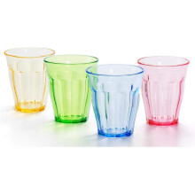 Stapelbare Trinkbecher aus kristallklarem Kunststoff, 4-teiliges Set in fröhlichen Farben, bruchfest, ideal für Kinder, geeignet für Wasser, Bier,